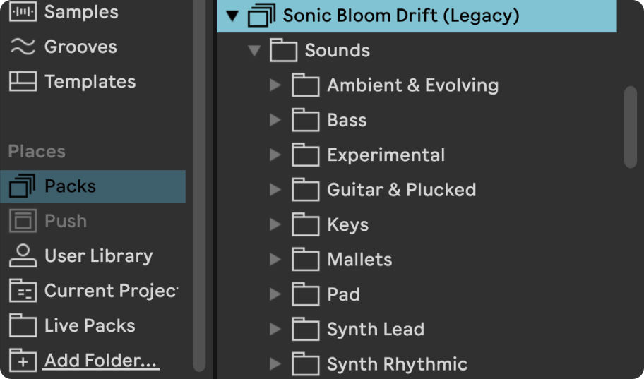 Sonic Bloom Drift Live Pack in the browser of Ableton Live